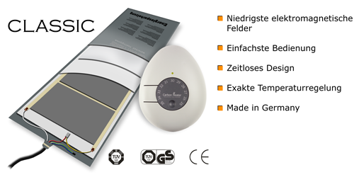 Bild der Carbon Heizung "Classic" mit Temperaturregler in GS (geprüfter Sicherheit) mit CE Zertifikat