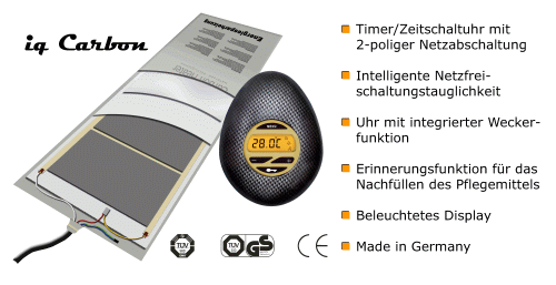 Bild der Carbon Heizung "Digital IQ" mit Temperaturregler, Timer, Weckerfunktion, Erinnerungsprogramm für Nachfüllung des Pflegemittels in GS (geprüfter Sicherheit) mit CE Zertifikat