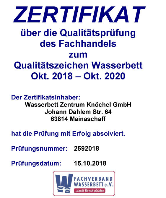 Zertifikat des Fachverband Wasserbett
