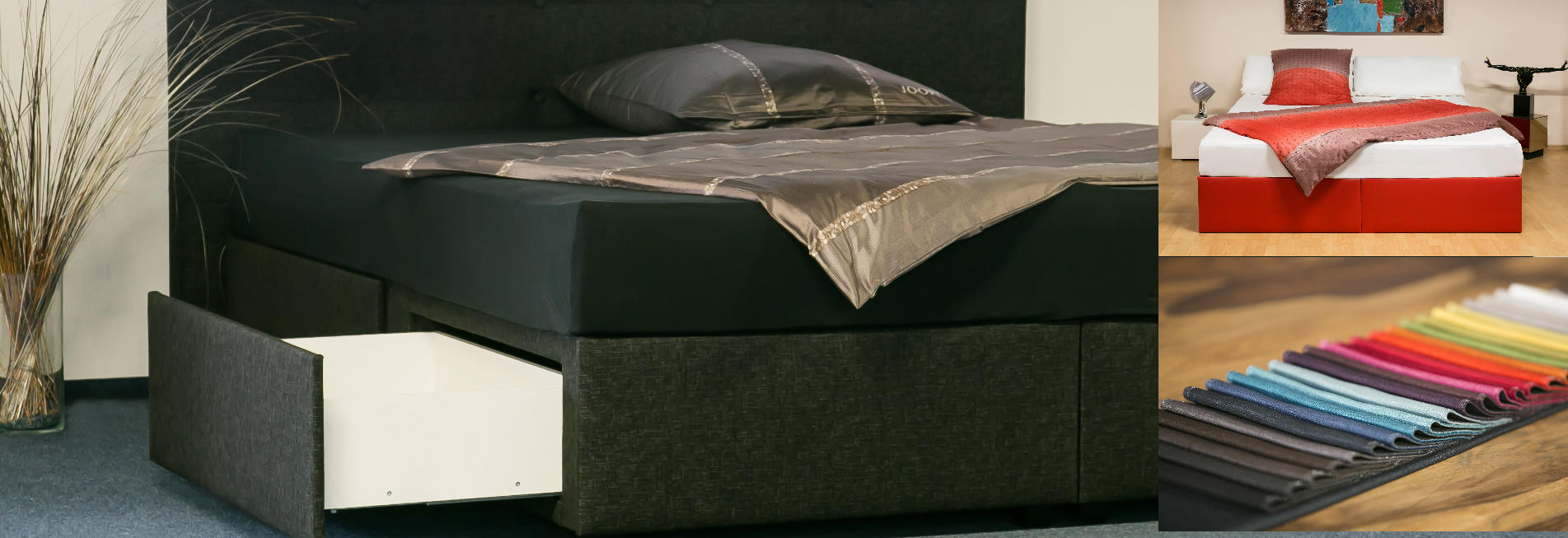 Bild von Bett "Kent" mit geöffneter Schublade und den vielen Bezugsfarben